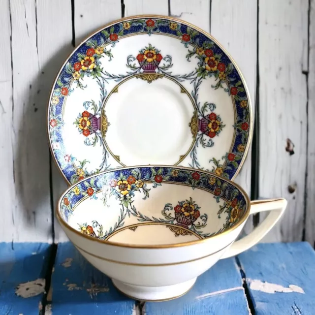 Antique Mintons China Tea Cup and Saucer Blue Gold and Floral Swag