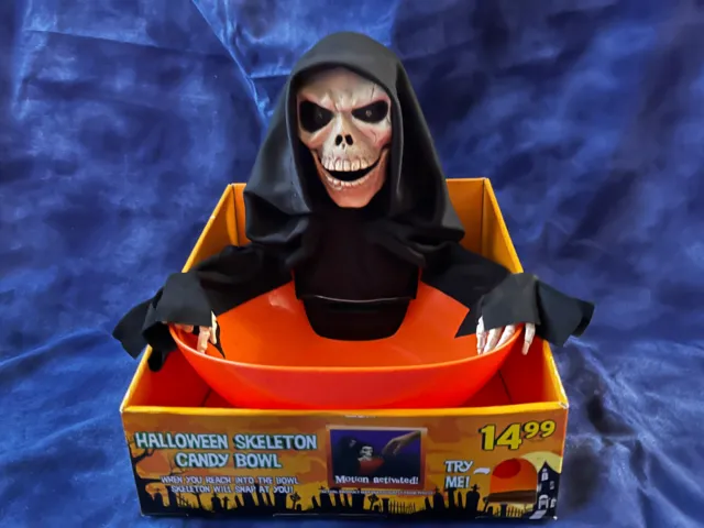 Halloween Animated Grim Reaper Skeleton Talking Candy Bowl ~ SEE VIDEO!! ~ NIB