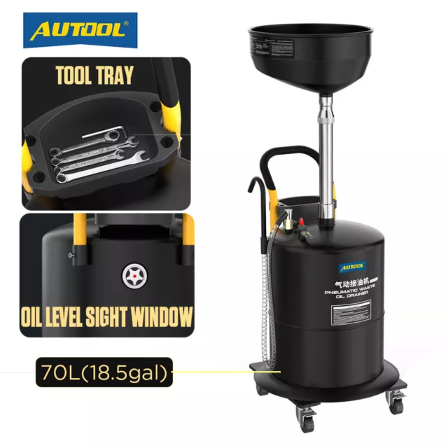 AUTOOL Waste Oil Drain Tank Portable Oil Drain Air Operate Drainer 18.5 Gallon