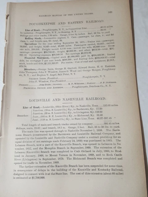 1873 train report LOUISVILLE & NASHVILLE RAILROAD Richmond Livingston Kentucky