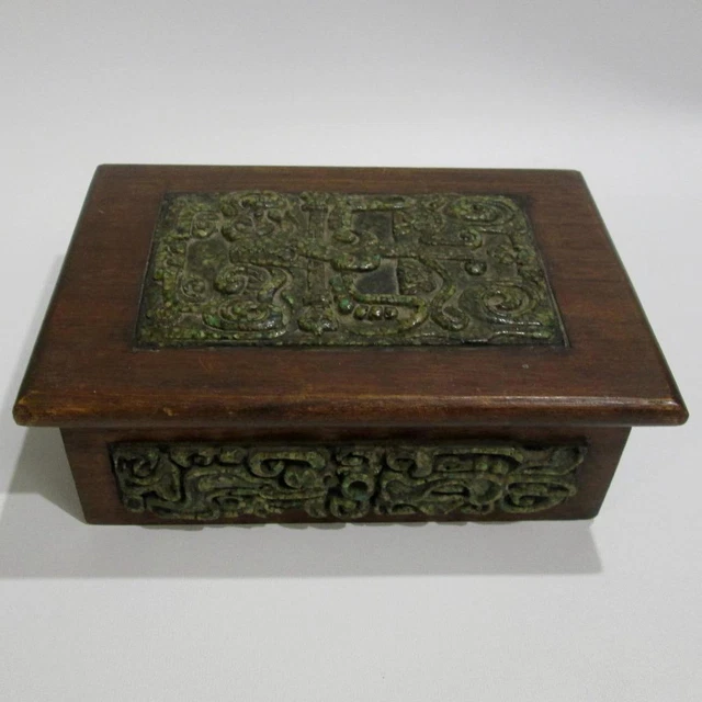 Vintage Zarebski Carved Mayan Relief Wood Trinket Box With Lid Mid Century