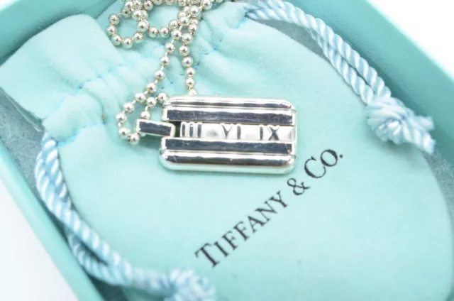 TIFFANY & Co. Atlas Dog Tag Plate Ball Chain Necklace Pendant Sterling Silver925