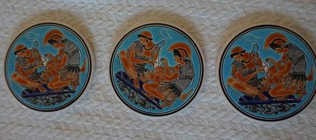 3 Vintage Round Hand Painted Enameled Tile Greek Artist Niarchos Hellas