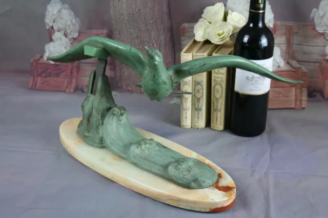 ART Deco 1930's French Metal green patinated Bird on onyx base sculpture 2