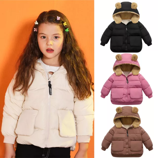 Toddler Kids Baby Boys Girls Winter Warm Solid Coats Bear Ears Fleece Hooded