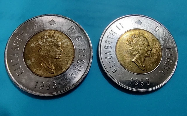 2 Ea Canada 1996 Canadian Queen Elizabeth Ii $2 Dollar Polar Bear Toonie Coins