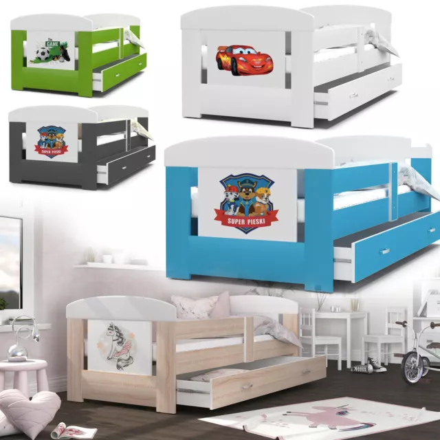 Kinderbett con Materasso E Cassetto 200x80 Multicolore Con Adesivi