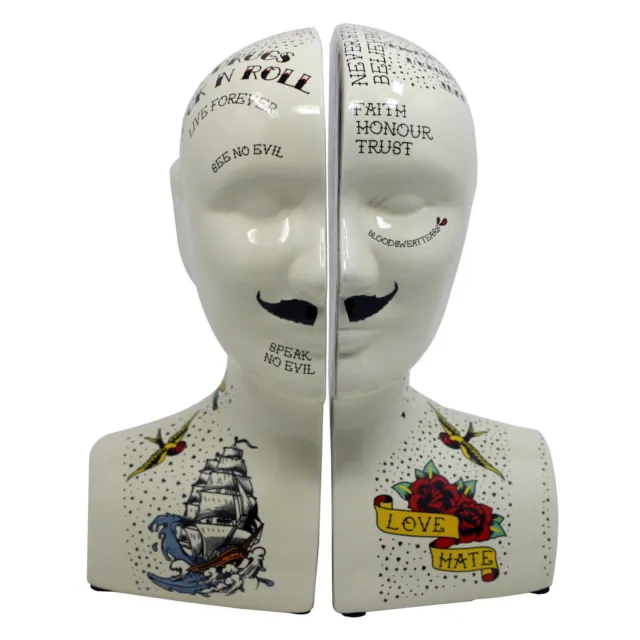 Porcelain Phrenology Bookends Head Bust Tattoo Mentel Book Support Storage
