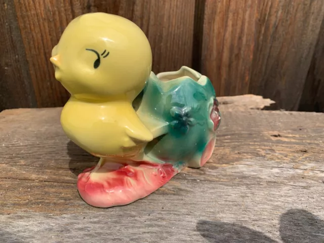 Vintage 1940s Shawnee Pottery Chick Bird Pulling Cracked Egg Cart 730 Planter