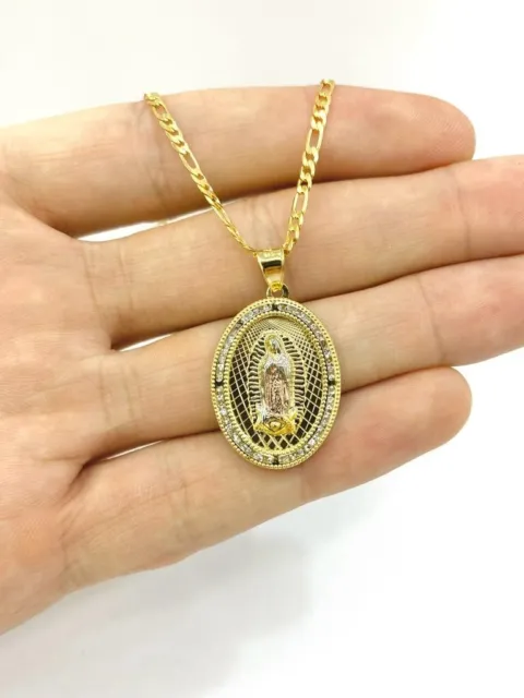 14K Gold Filled Virgen de Guadalupe Necklace Oval CZ Pendant Figaro 20" Womens