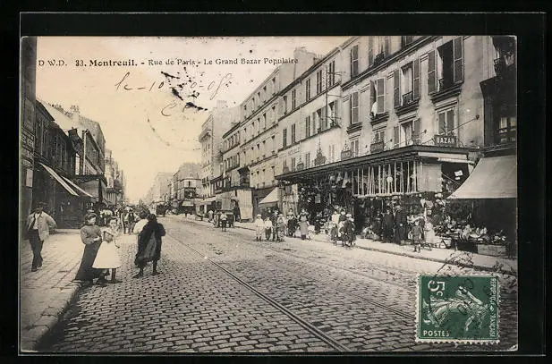 CPA Montreuil, Rue de Paris, Le Grand Bazar Populaire 1908