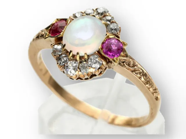 Opal Altschliffdiamant Ring Damen synthetisch hergestellter Rubin 585 Gelbgold