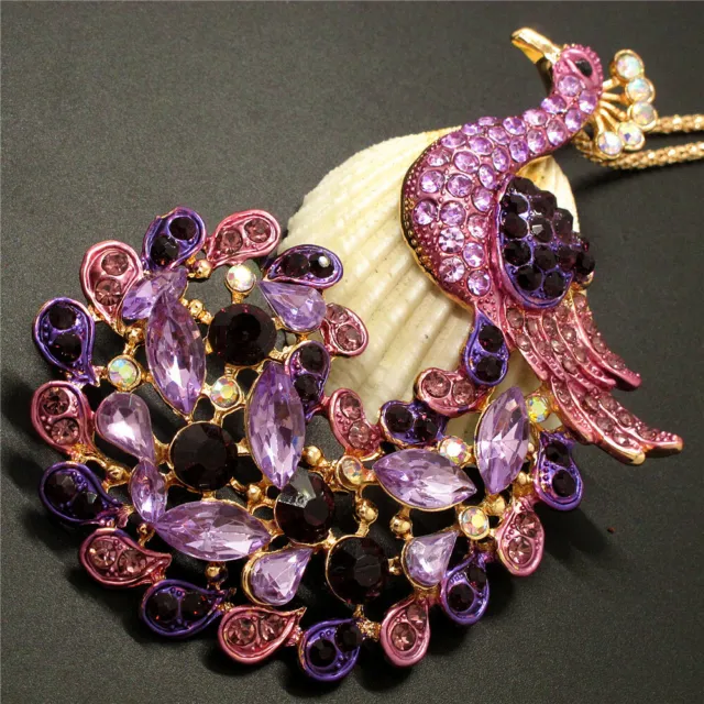 New Betsey Johnson Purple Crystal Peacock Bling Animal Necklace Sweater Chain