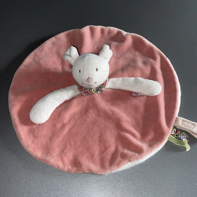 Doudou plat Souris rond rose blanc Myrtille et Capucine MOULIN ROTY