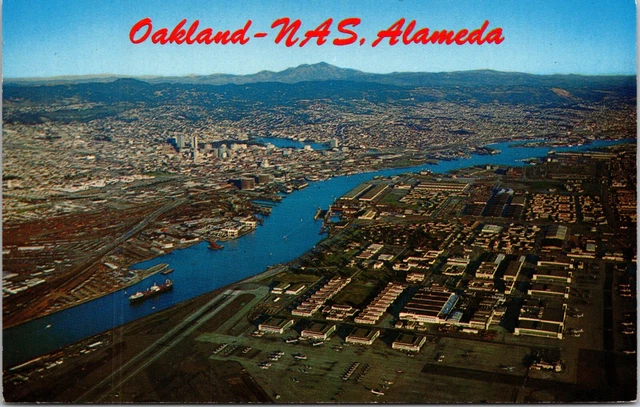 Oakland Lake Merritt & Alameda Naval Air Station Aerial View CA Postcard C5