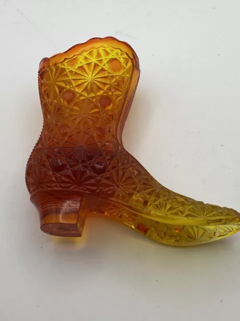 Vintage Fenton Amberina Carnival Daisy & Button Glass Boot Orange  Red Shoe