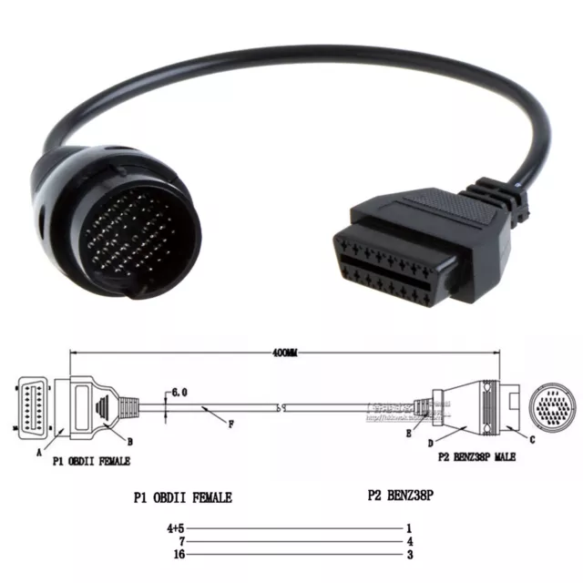 For Mercedes Benz 38 Pin to 16 Pin OBD2 OBDII Car Fault Diagnostic Cable Adapter