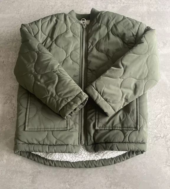 Primark Girls Khaki Green Quilted Bomber Jacket Sheepskin Lining Age 5-6 Years