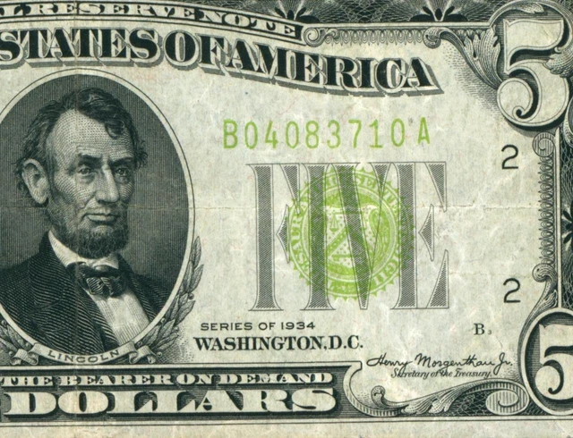 $5 1934 LGS LIME ((LIGHT GREEN SEAL)) Federal Reserve Note CURRENCY AUCTIONS