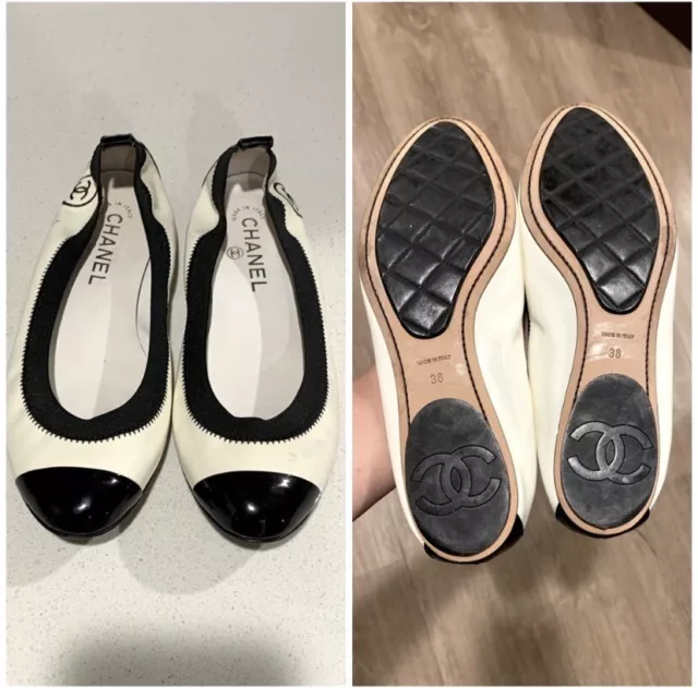 CHANEL gray leather black patent double strap ballet flats shoes