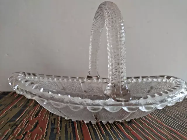 Antique 1874 Sowerby Pressed Flint Glass Basket with Stippled and Beaded Effect