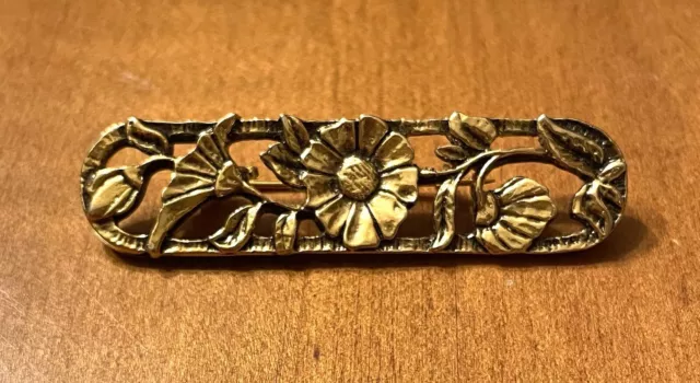 Vintage Open Ornate Filigree Gold Tone Rectangle Bar Brooch Pin Costume Jewelry