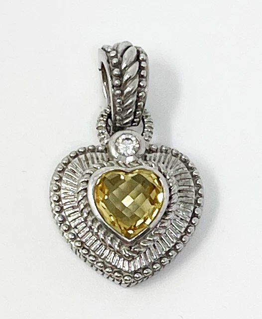 Judith Ripka 925 Sterling Silver Faceted Citrine Heart & CZ Pendant Enhancer