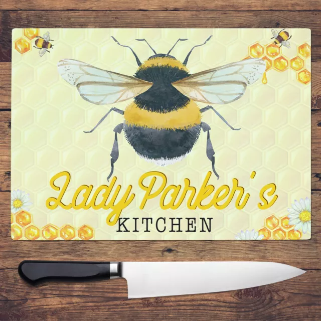 Personalised Chopping Board Bee Glass Cutting Worktop Saver Baking Gift KCH09