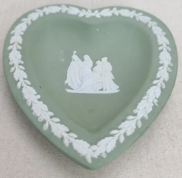 Vintage Wedgwood Sage Green Jasperware Heart Shaped Pin Dish Trinket Dish