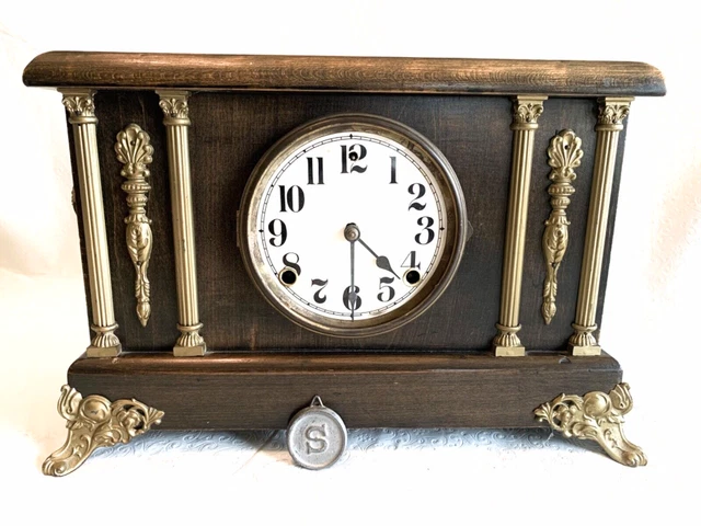Antique SESSIONS Mantle Clock Wood Brass Columns Floral Motif Feet No.1 REPAIR
