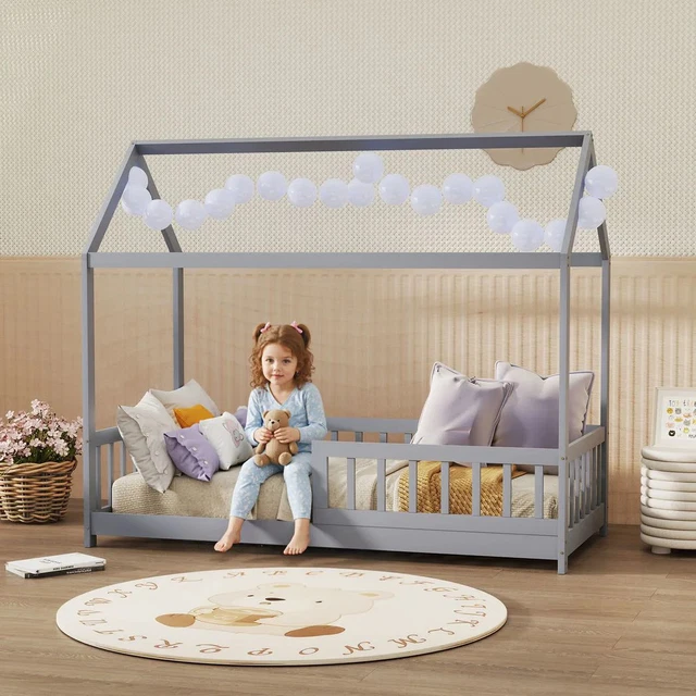 HOUSE-SHAPED KIDS BED Frame with Guard Rails Solid Pine Wood Grey £198. ...