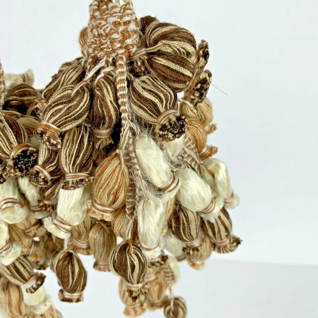 Set 2 Large Drapery Curtain Braided Tie Backs with Tassels Brown Taupe Pompoms 7