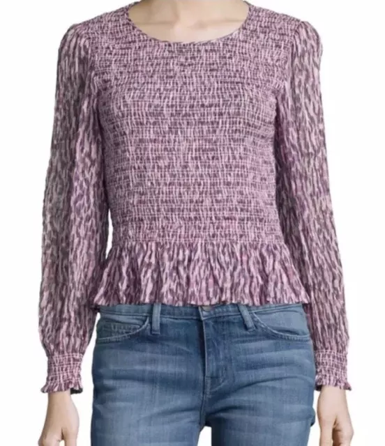 Rebecca Taylor Long Sleeve Ruched Mirage Purple Silk Peplum Hem Top, Size 2 NWT