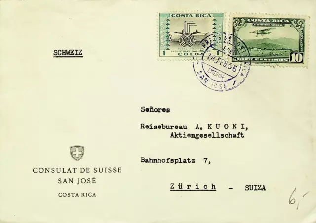 COSTA RICA 1956 2v ON COVER FROM SAN JOSE TO ZURICH SWITZERLAND