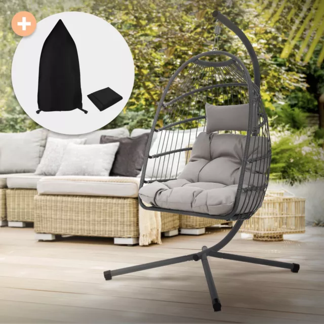 Fauteuil suspendu gris chaise hamac œuf avec coussins et housse noir 150 kg