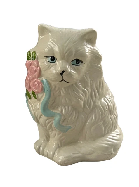 White Ceramic Cat Bank With Pink Flowers Sweet Face Child Nursery