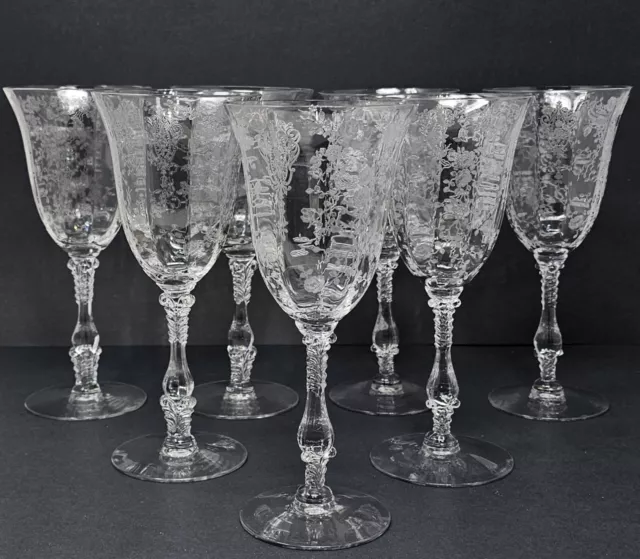 Set Of 7 Vintage Cambridge Rose Point 8-3/8" Etched Wate Goblets 1930-1950's