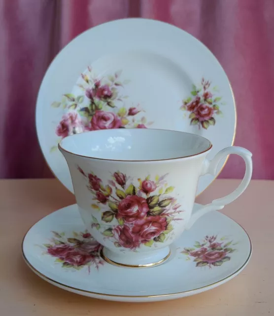 Vintage Crown Trent Pink Rose Floral Tea Trio Cup Saucer Plate Made In England