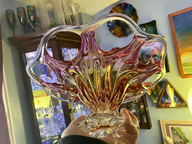 Vintage Large Italian Murano Sommerso Art Glass Sculpted Centerpiece Large Bowl
