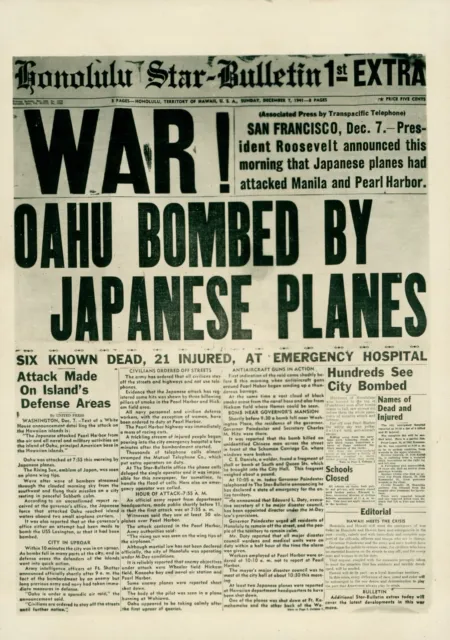 Dec 7 1941 WWII Honolulu Star Bulletin Newspaper page 5x7 Photo WAR Oahu Bombed