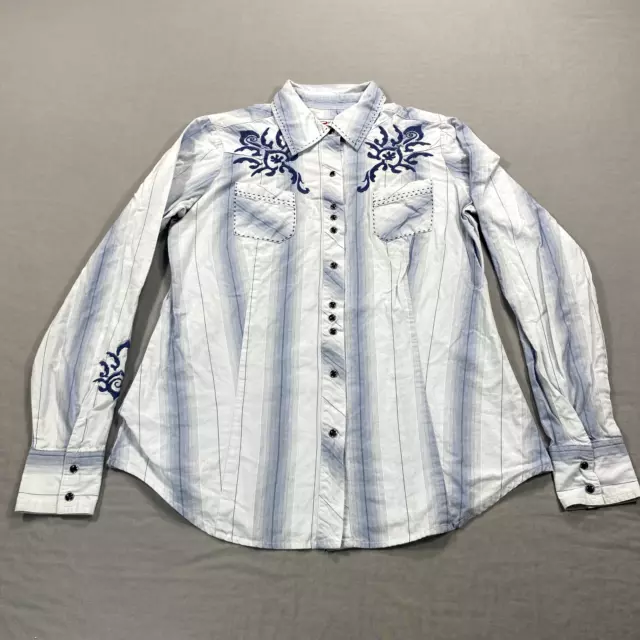 Roper Shirt Womens Medium White Purple Floral Pearl Snap Embroidered Western