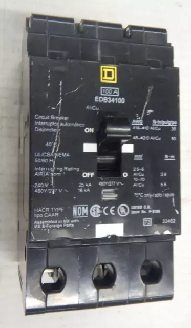 Square D EDB34100 Molded Case Circuit Breaker 3 pole 100 amp 480v 18kA NEW