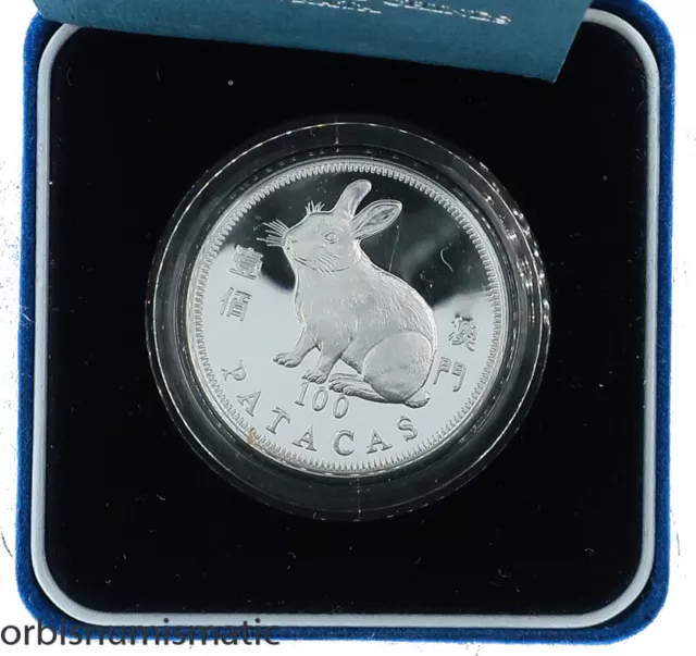 1999 Macau Macao 100 Patacas Rabbit Year Silver Proof Royal Mint Case + Coa