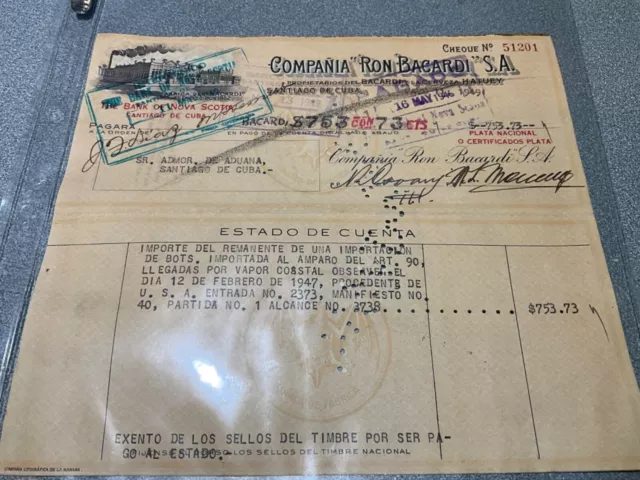 1949 BACARDI RUM ENGRAVED Cheque PAYMENT TAX FOR IMPORTED FROM USA STEAM SHIP