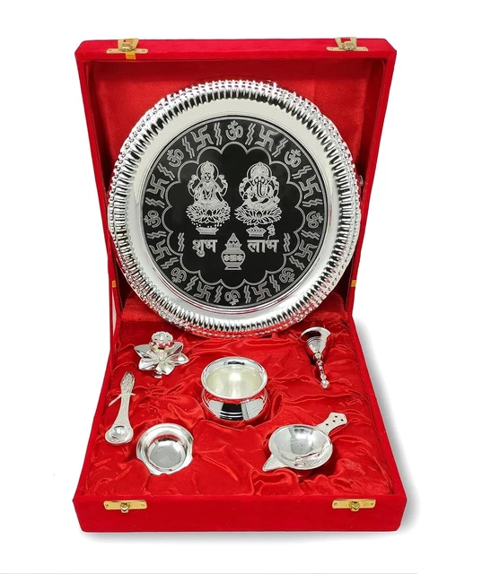 NOBILITY Silver Plated Pooja Thali Set 8 Inch Plate Diya Ghanti Kalash