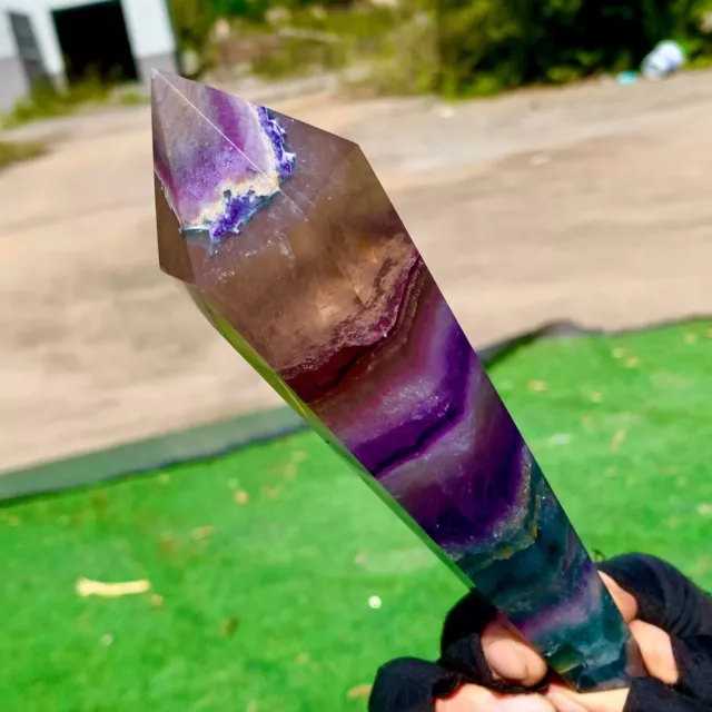350G Natural rainbow fluorite scepter Quartz Crystal Single-End Terminated Wand