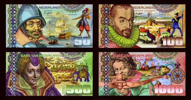 SET Netherlands Ceylon, 50;100;500;1000 Gulden, 2016, Private Issue POLYMER, UNC