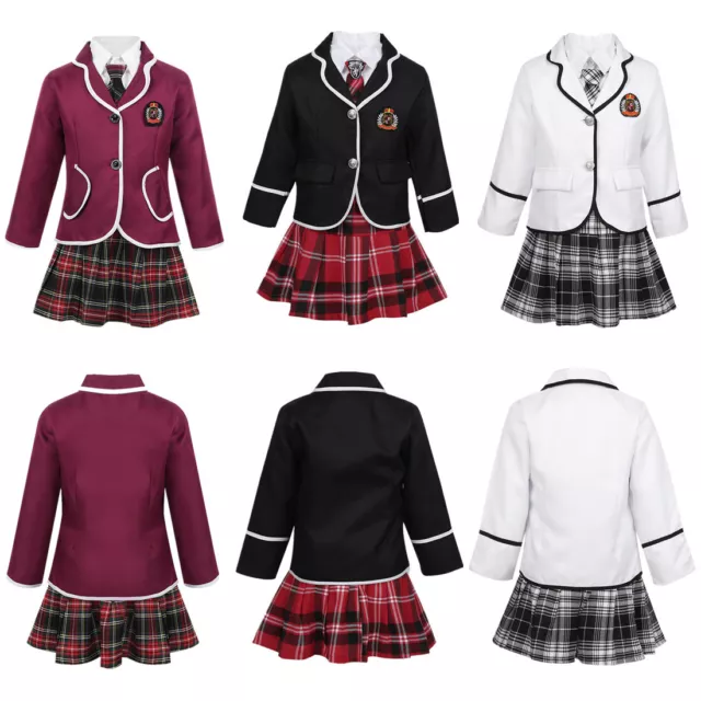 Kids Girls British Style School Uniform Costume Coat + Shirt Tie Mini Skirt Sets