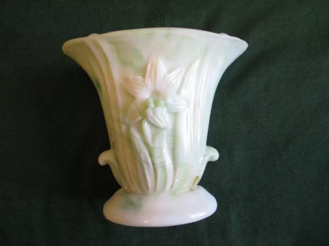 Vintage Akro Agate Slag Glass Green and White Marble Small Vase Urn Lily Pattern