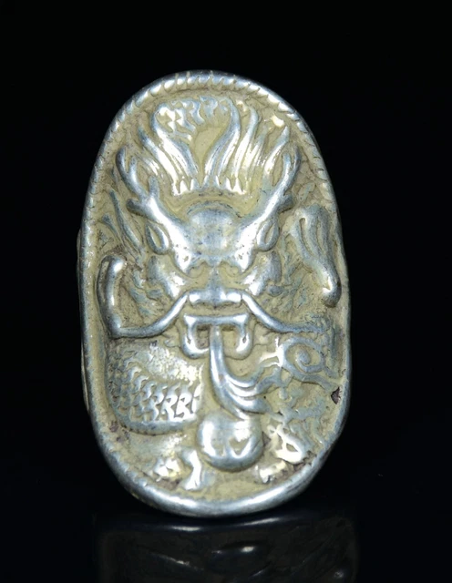 4CM Rare Chinese Miao Silver Feng Shui Dragon Play Bead Luck Fingerstall Ring